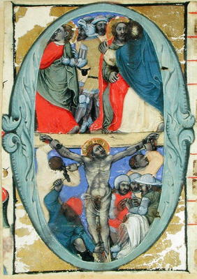 Historiated initial 'O' depicting the Kiss of Judas and the Crucifixion, c.1370 (vellum) van Niccolo di Giacomo