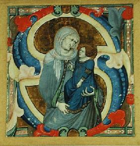 Historiated initial 'S' depicting St. Anne and the Virgin (vellum)