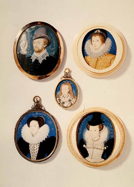 Miniatures, from L to R, T to B: Man with a Hand from a cloud; Unknown Young Man, 1588; Mrs Holland van Nicholas Hilliard