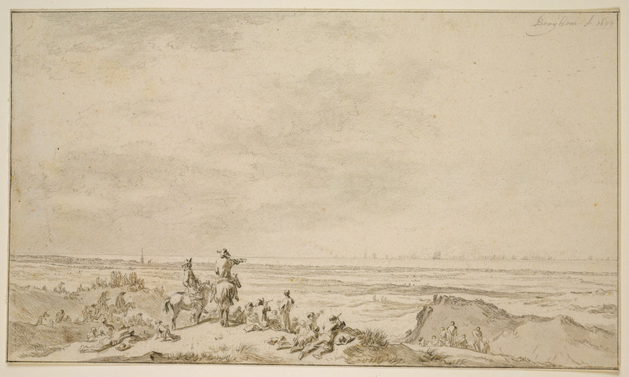 Dünenlandschaft mit Seeschlacht in der Ferne van Nicolaes Berchem
