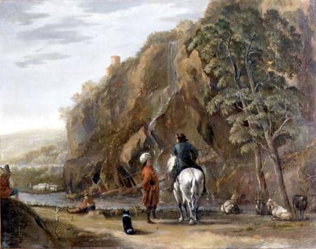 Italianate landscape with figures and a horse on a road van Nicolaes Berchem