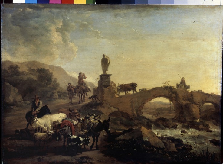 Italian landscape with a Small Bridge van Nicolaes Berchem
