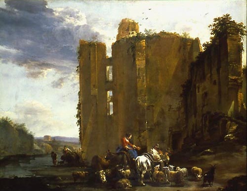 Italienische Ruinenlandschaft mit Viehherde van Nicolaes Berchem