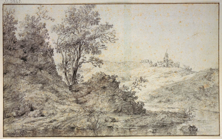 Landschaft mit Wasser, auf dem Hügel Hirte und Hirtin mit Vieh van Nicolaes Berchem