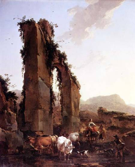 Peasants with Cattle by a Ruined Aqueduct van Nicolaes Berchem