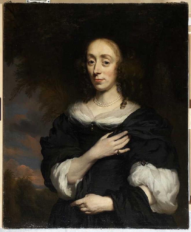Portret van een dame in een zwarte jurk - Nicolaas Maes van Nicolaas Maes
