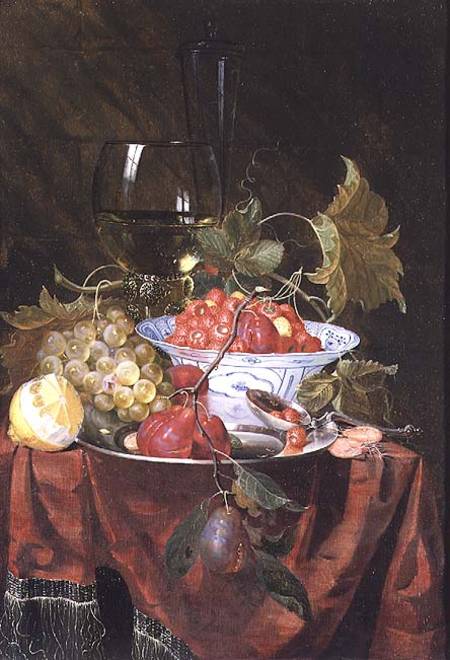 Still life with wild strawberries, plums, grapes and a lemon on a draped ledge van Nicolaes Van Gelder