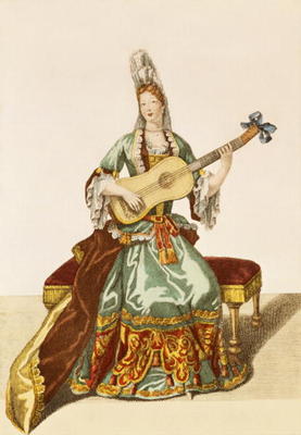 Lady of Quality Playing the Guitar, fashion plate, c.1695 (engraving) van Nicolas Bonnart
