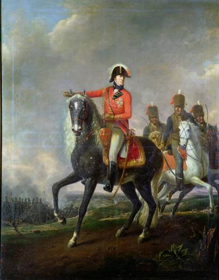 Equestrian portrait of the Duke of Wellington with British Hussars on a battlefield van Nicolas Louis Albert Delerive