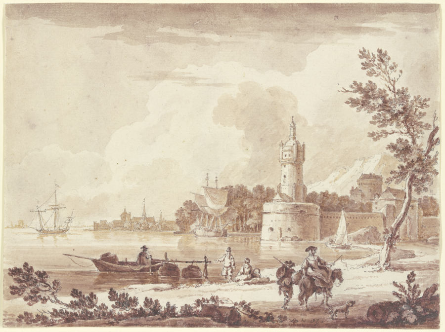 Meeresbucht mit einem Leuchtturm und einer Befestigung im Hintergrund van Nicolas-Marie Ozanne