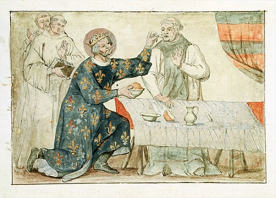Ms 1779 fol.81 St. Louis feeding a miserly monk, from ''Memoires pour la Vie de Saint Louis'' van Nicolas Claude Fabri de Peiresc