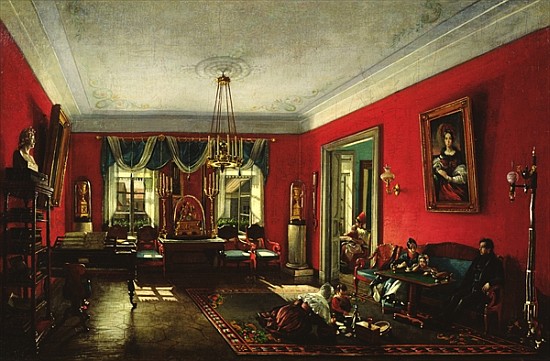 The Nashchokin family in drawing room van Nikolai Ivanov Podklutchnikov