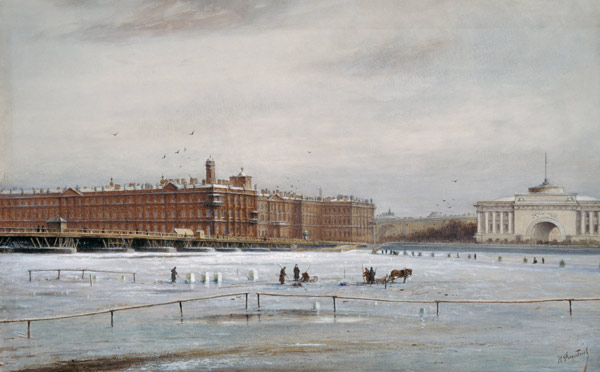 Ansicht des Winterpalastes über die vereiste Newa hinweg (St. Petersburg) van Nikolai Konstantinov. Bool