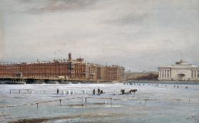 Ansicht des Winterpalastes über die vereiste Newa hinweg (St. Petersburg)