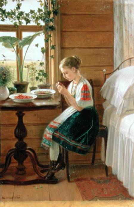 Girl Peeling Berries van Nikolai Mikhailovich Bykovsky