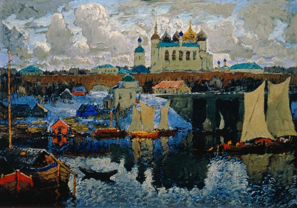 Am Pier in Novgorod van Nikolai P. Bogdanow-Bjelski