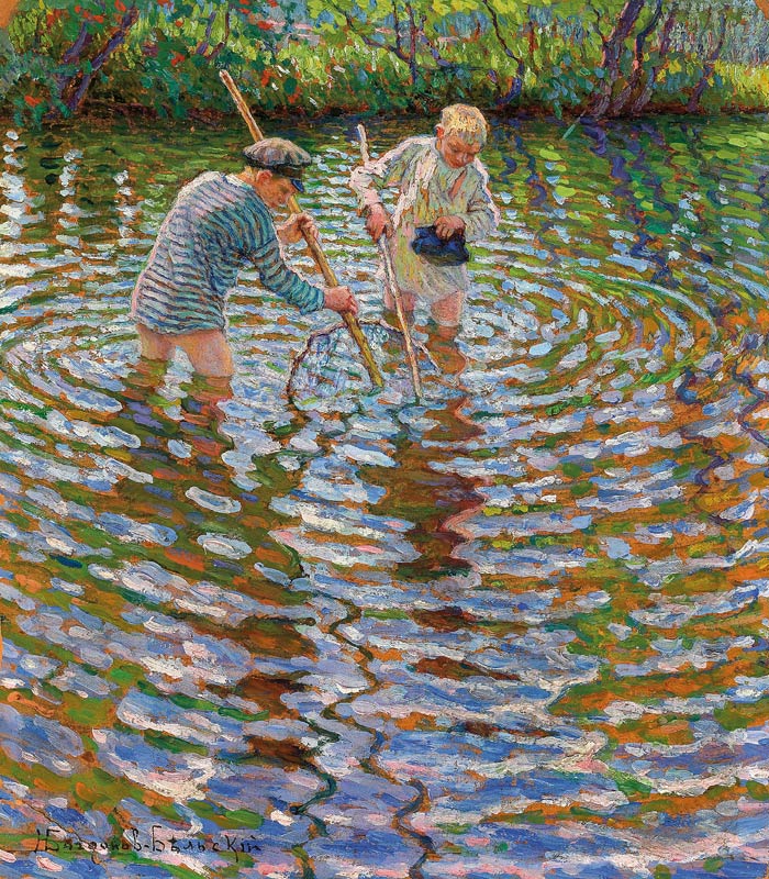 Jungen beim Krebse fischen van Nikolai P. Bogdanow-Bjelski
