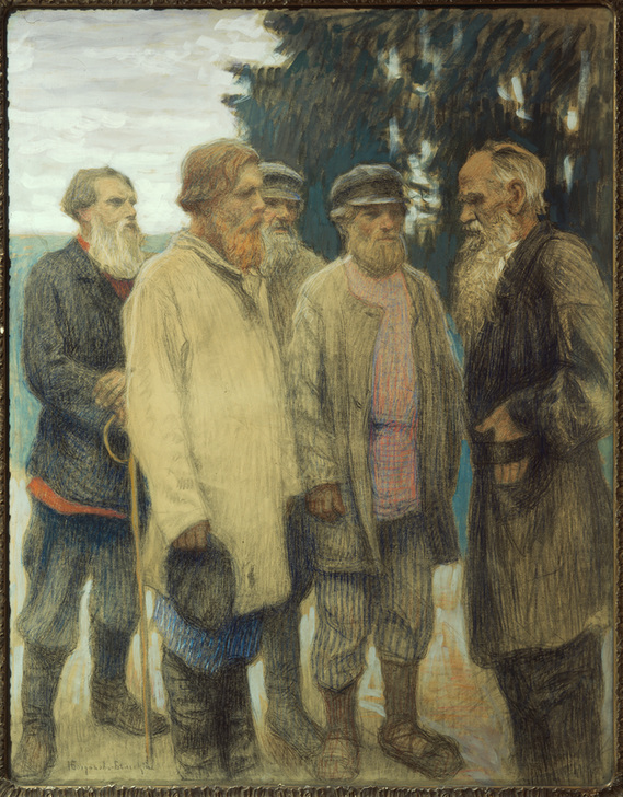 Der Schrifsteller Leo Tolstoj mit Bauern. van Nikolai P. Bogdanow-Bjelski
