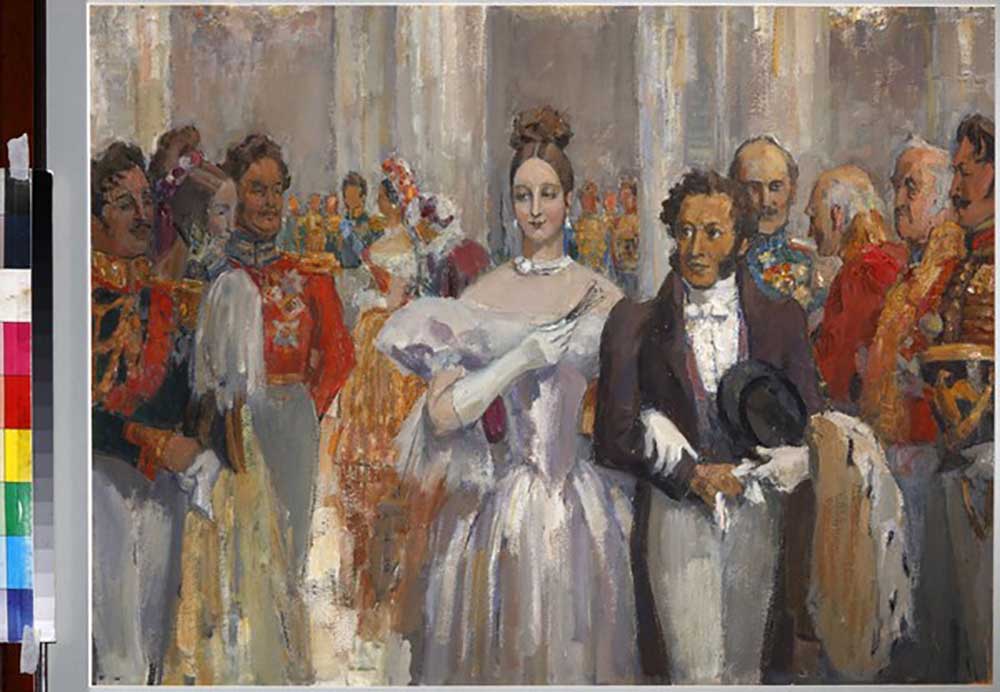 Alexander Pushkin with his wife at the ball van Nikolai Pavlovich Ulyanov