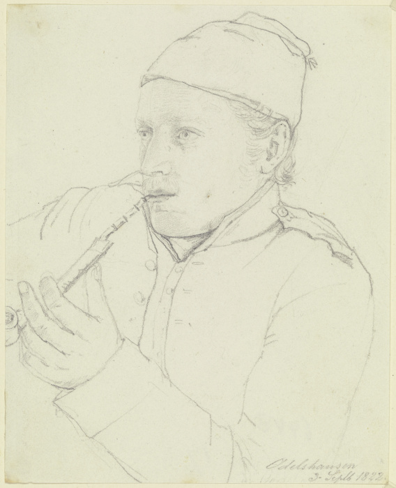 Bildnis eines rauchenden bayerischen Soldaten, einem Reisegefährten des Künstlers van Nikolaus Hoff