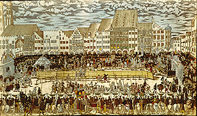 Vermählung Wilhelms V. von Bayern mit Renate v.Lothringen Ritterturnier auf dem Marienplatz. van Nikolaus Solis