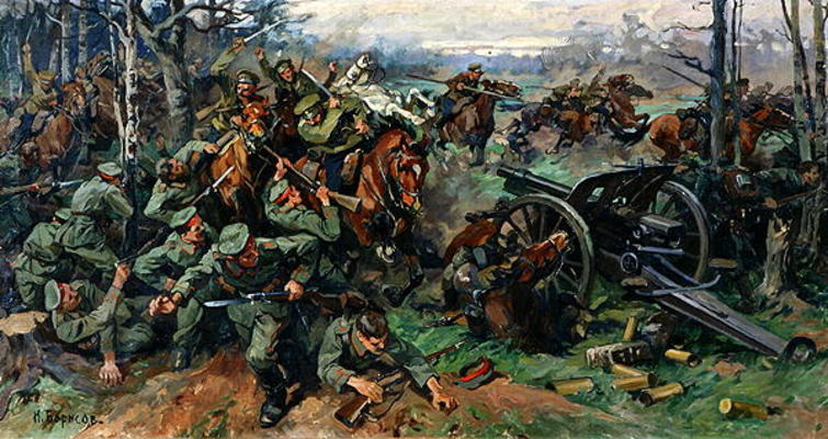 The Russian Cavalry Charging the German Artillery in 1915 (oil on canvas) van Nikolay Yakovlevich Borisov