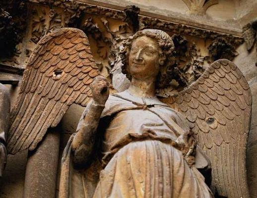 Detail of one of St. Nicaise's angels, Sculpture from exterior west facade, 14th century (stone) (se van 