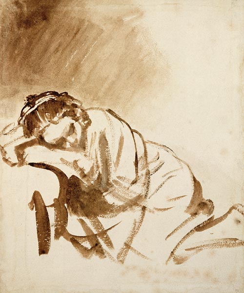 A Young Woman Sleeping (Hendrijke Stoffels) c.1654 (brush & brown wash on paper) van 