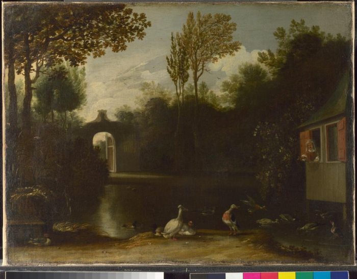 A woman appears to throw food to feed assorted waterfowl in a garden scene. van 