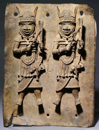 A Benin Bronze Plaque With Two Relief Figures, C van 
