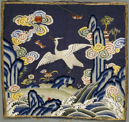 A Blue-Ground Embroidered Mandarin Square Depicting An Egret van 