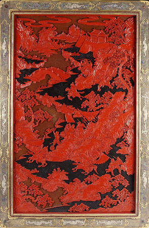 A Filigree Framed Red Lacquer Panel Depicting Warriors On Horseback And Mythical Animals In A Landca van 