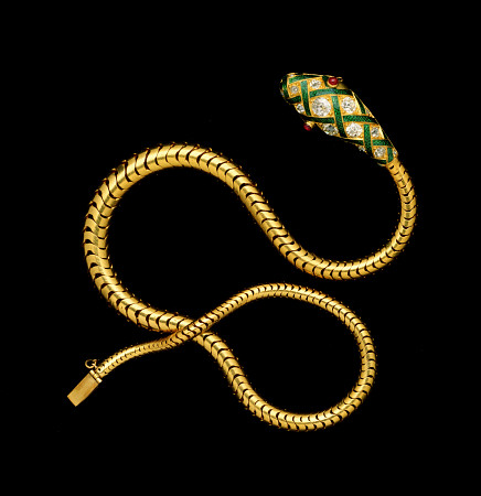 A Fine Victorian Diamond, Gold And Enamel Flexible Serpent Necklace, Circa 1860 van 