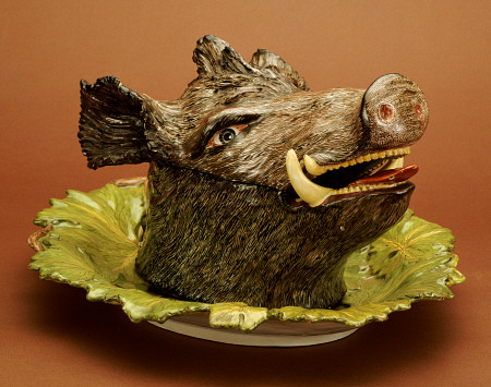 A German Faience Boar''s Head Tureen Cover And Stand, Probably Strasbourg, Circa 1750 van 