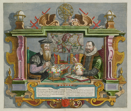 A Hand Coloured Engraving Of Cartographers Gerard Mercator (1512-1594) And Jodocus Hondius (1563-161 van 