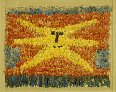 A Huari Feathered Panel Sewn All Over With Feathers On A Cotton Ground With A Yellow Sunburst Face W van 