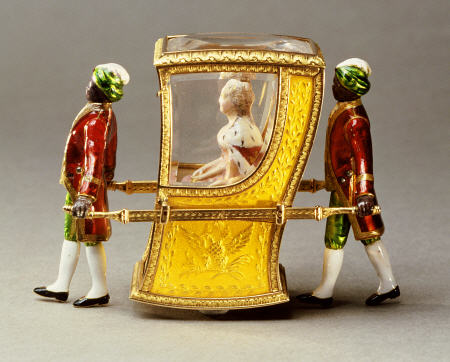 A Jewelled, Guilloche, Enamel, Two-Colour Gold Automaton Sedan Chair With A Figure Of Catherine The van 