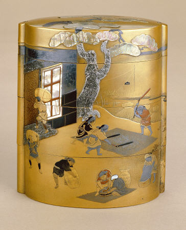 A Large Three Case Inro Inlaid With Mother Of Pearl And Lead Depicting Farmers In Rice Fields And Th van 