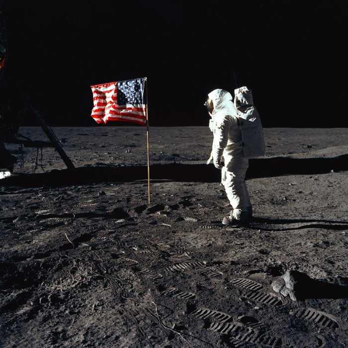 American Astronaut Edwin Buzz Aldrin walking on the moon during Apollo 11 mission van 