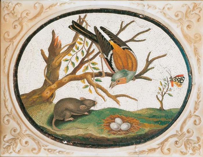 An oval-shaped medallion with a mosaic representing a bird on the branch of a tree, a mouse, a meado van 