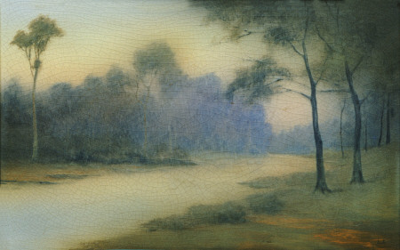 An Earthenware Scenic Plaque By Rookwood, Depicting A View Of A River And Wooded Banks,  Decorated B van 