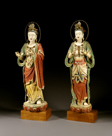 A Pair Of Rare Monumental Painted Stucco Figures Of Bodhisattvas, Each A Representation Of Avalokite van 