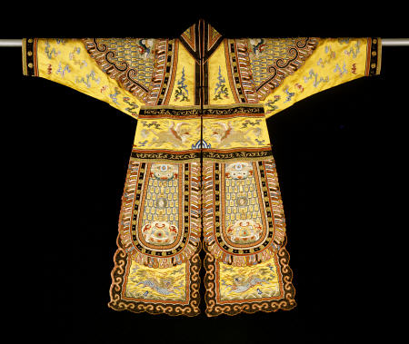 A Rare Embroidered Imperial Yellow Ground Theatrical Costume, Qianlong Period (1735-1796) van 