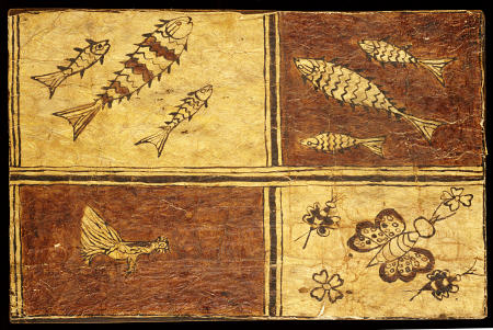A Rare Melanesian Painted Bark Cloth Decorated With A Fowl, Exotic Butterflies And Fishes On Reddish van 