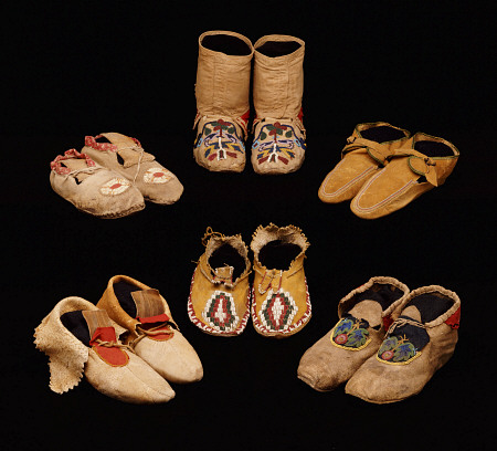 A Selection Of American Indian Hide Moccasins From Varoius Tribes; Clockwise From Top Left - Upper M van 