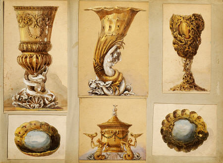 A Selection Of Designs From The House Of Carl Faberge Including Silver Gilt Vases, Two Oval Scallope van 