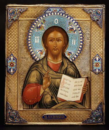 A Silver-Gilt And Cloisonne Enamel Icon Of Christ Pantocrater, The Oklad Marked Moscow, 1895, Assaym van 
