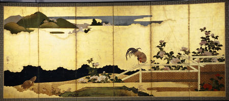 A Six-Panel Screen Painted In Ink, Colour And Gofun On Gold Paper With A Cockerel Perched On A Fence van 