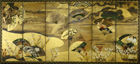 A Six-Panel Screen Painted In Sumi, Colour And Gofun On Paper Sprinkled With Gold And Silver With Sc van 