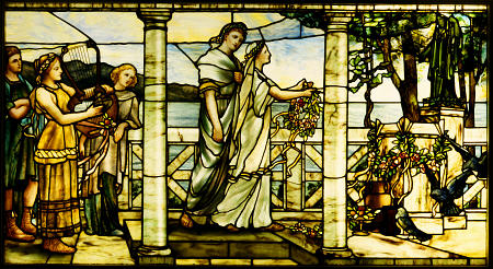 A Stained And Leaded Glass Window Depicting A Group Of Maidens, With A Lake Scene In The Background van 
